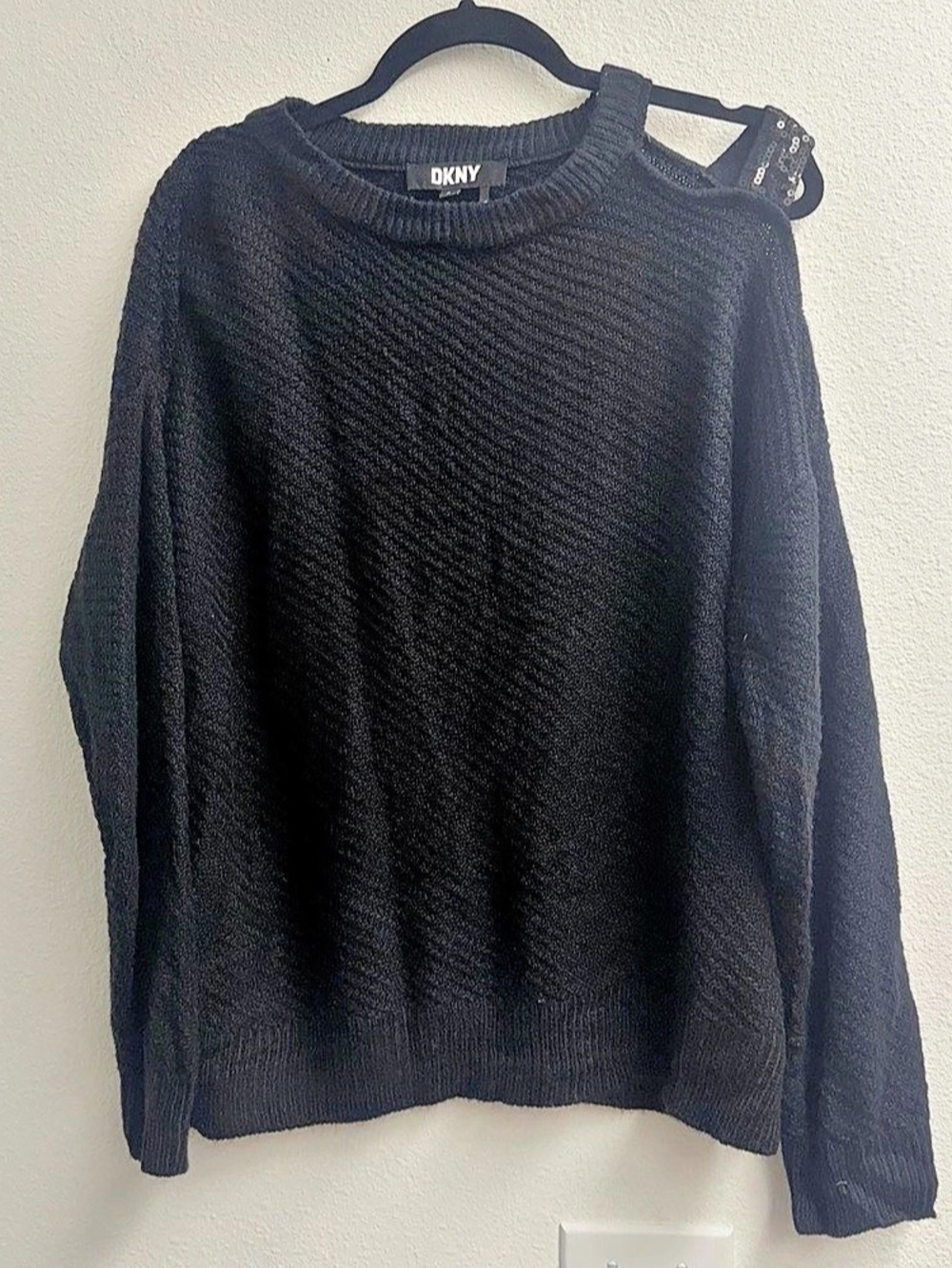 DKNY Black Sequined peep Shoulder Cut-out Sweater Black Medium